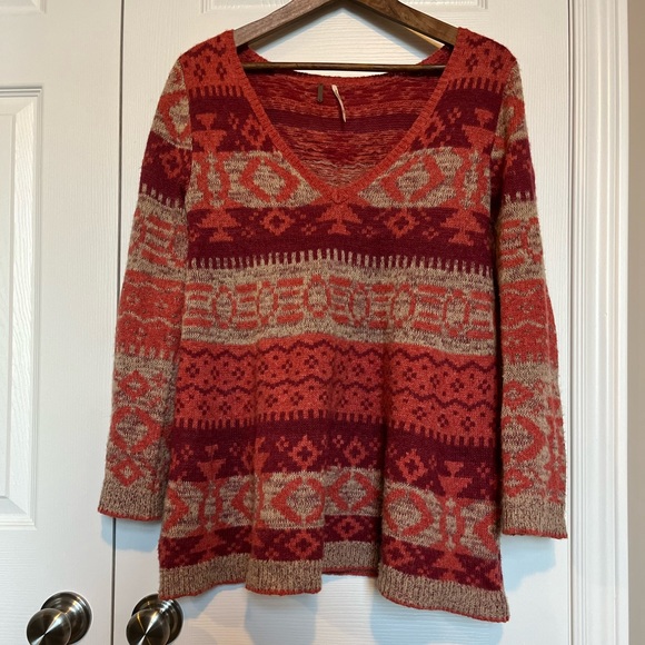 Free People Alpaca Wool Blend V-neck Aztec Boho Sweater Sz XS - Picture 5 of 12